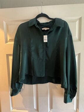 LOFT Deep Green Satin Button-Up Blouse